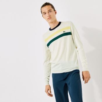 Lacoste SPORT Breathable Striped Wool Golf Sweater - Svetr Pánské Bílé / Žluté / Zelene / Tmavě Blan